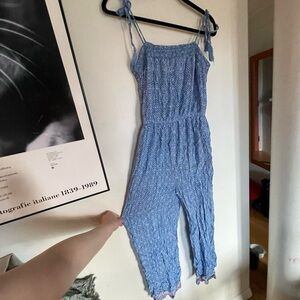 L Love blue and white gingham floral blue jumpsuit.